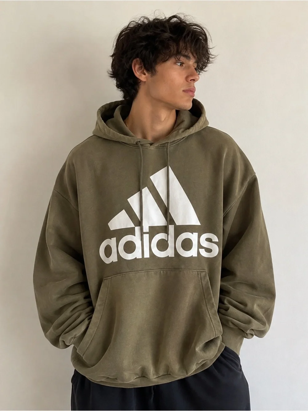 Adidas Essentials Big Logo Pullover Hoodie Olive Green Men’s Large Fleece